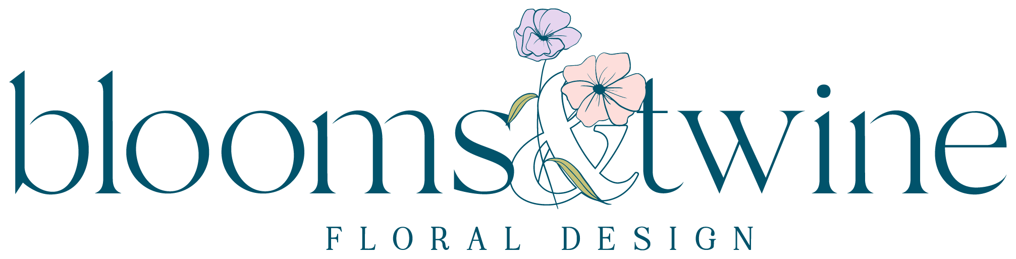 Blooms and Twine Floral Design Logo, reads Blooms & Twine with ranunculus flowers growing out of the ampersand, with smaller text underneath reading "floral design".